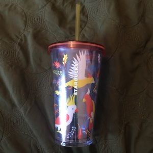 Starbucks grande cold cup, tropical birds, parrots